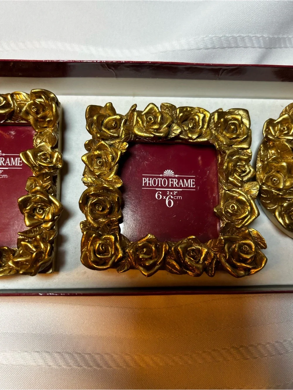 Vintage In Box Set of Three Gold Rose Picture Frames Floral Home Decor Accents